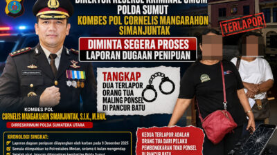 Direktur Reserse Kriminal Umum Polda Sumut Kombes Pol Cornelis Mangarahon Simanjuntak Diminta Segera Proses Laporan Dugaan Penipuan, Tangkap Dua Terlapor Orang Tua Maling Ponsel di Pancur Batu 